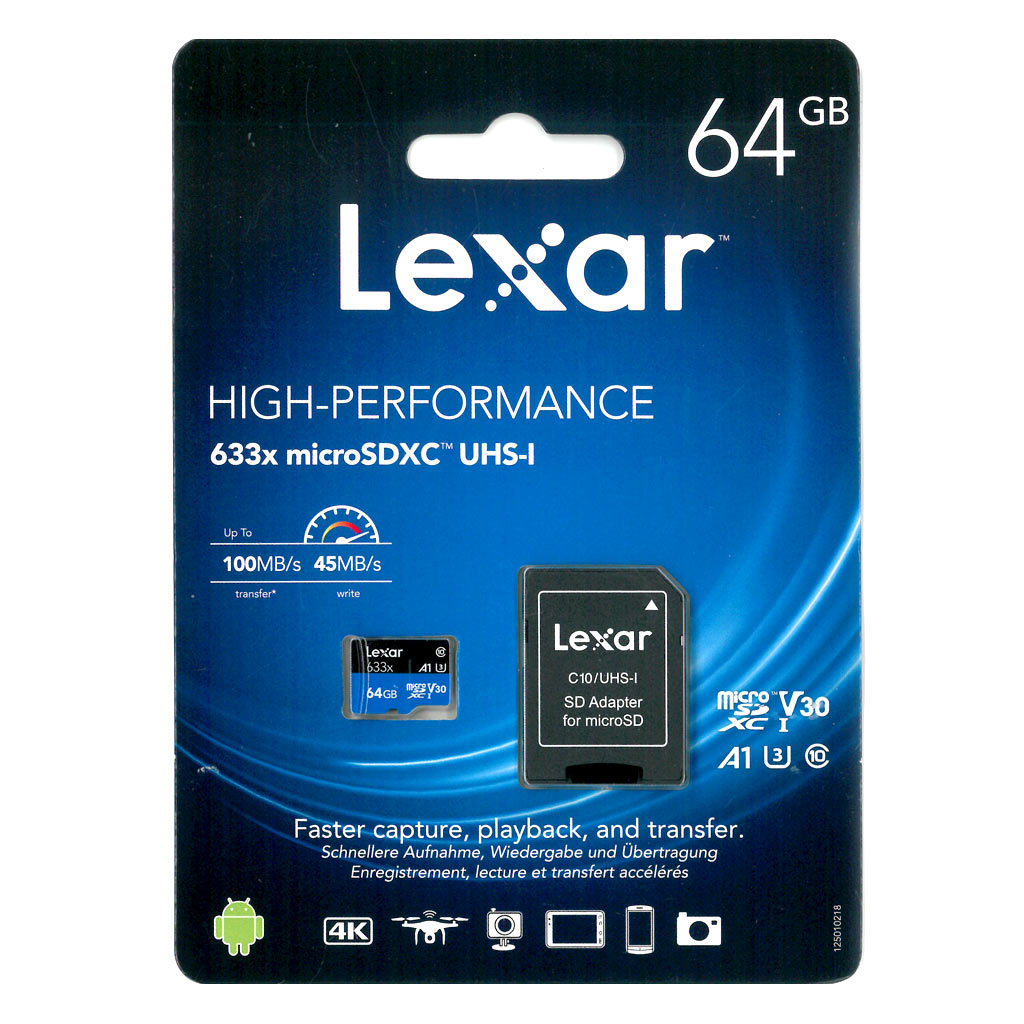 Micro SD 64 GB Scheda di memoria LEXAR 64GB MicroSD 633x Classe10 con adattatore 